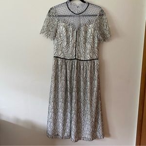 Donna Ricco White Lace Illusion Neckline Midi A-Line Dress